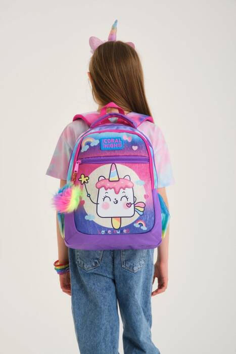 Coral High Kids Renkli Batik Unicorn Dondurma Desenli Üç Bölmeli Okul Sırt Çantası 23480 - 5